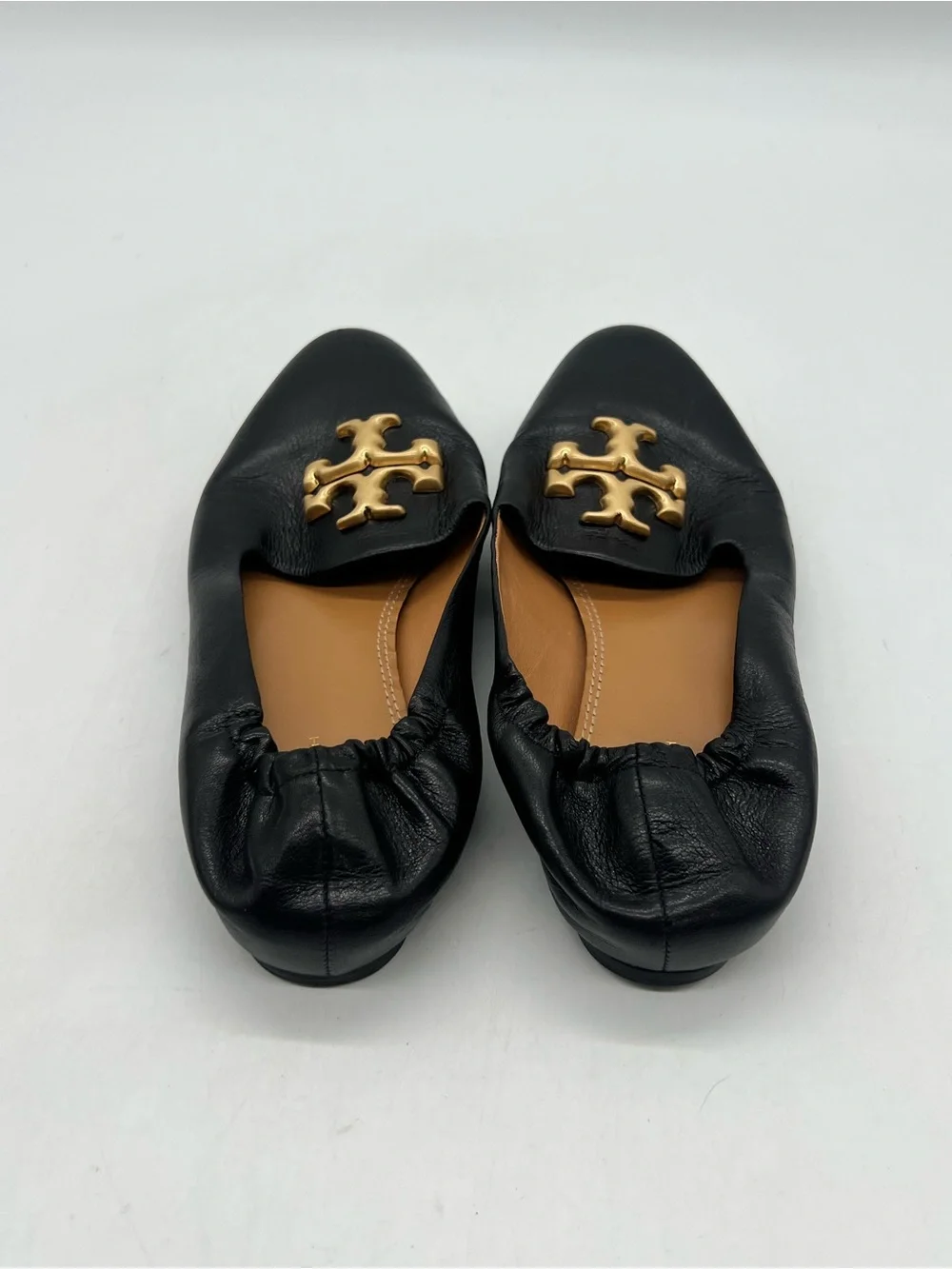 Tory Burch Eleanor Logo Goat Women 8.5M Black Leather Flat Loafers Shoes